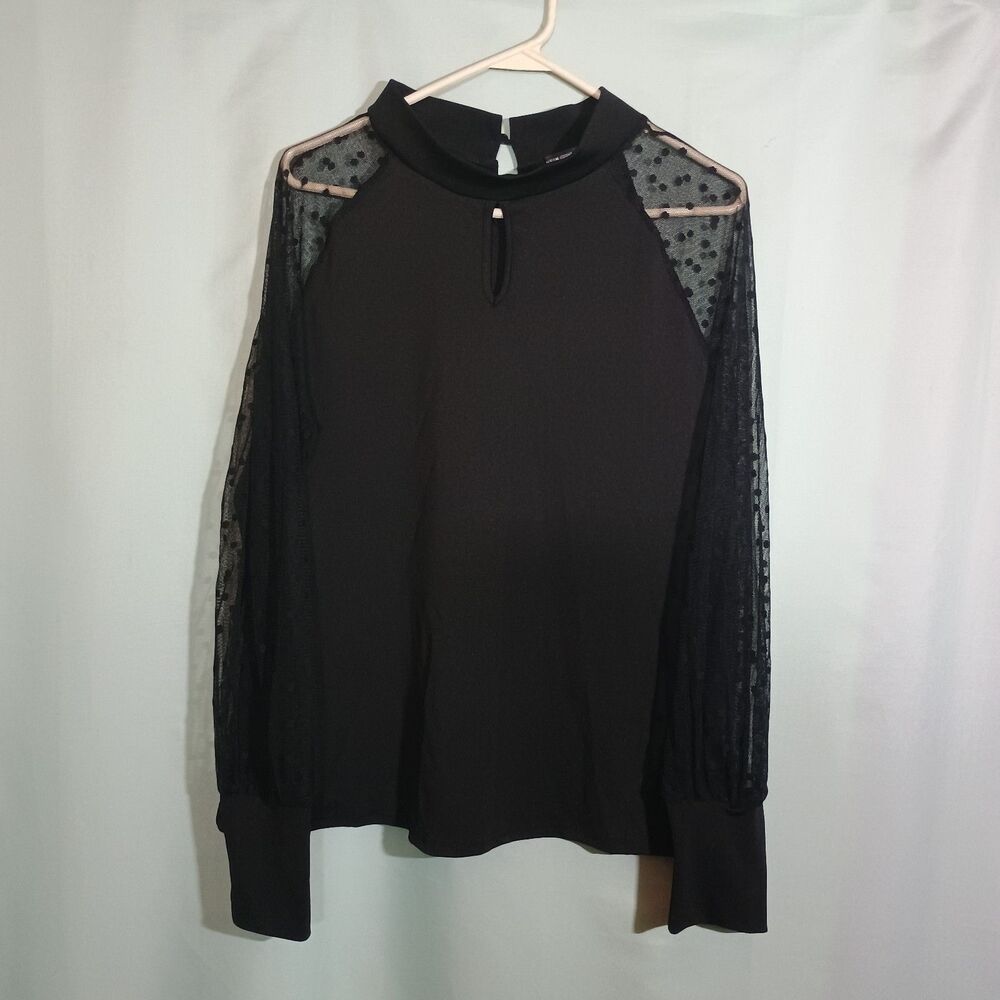 Women’s Black Sheer Lace Sleeve Blouse – Mock Neck Keyhole Long Sleeve